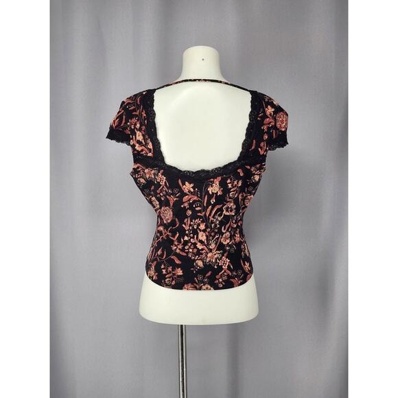 Free People Shirt Womens Medium Black Floral Lace Trim Deep V Neck Y2k Milkmaid - Picture 3 of 13